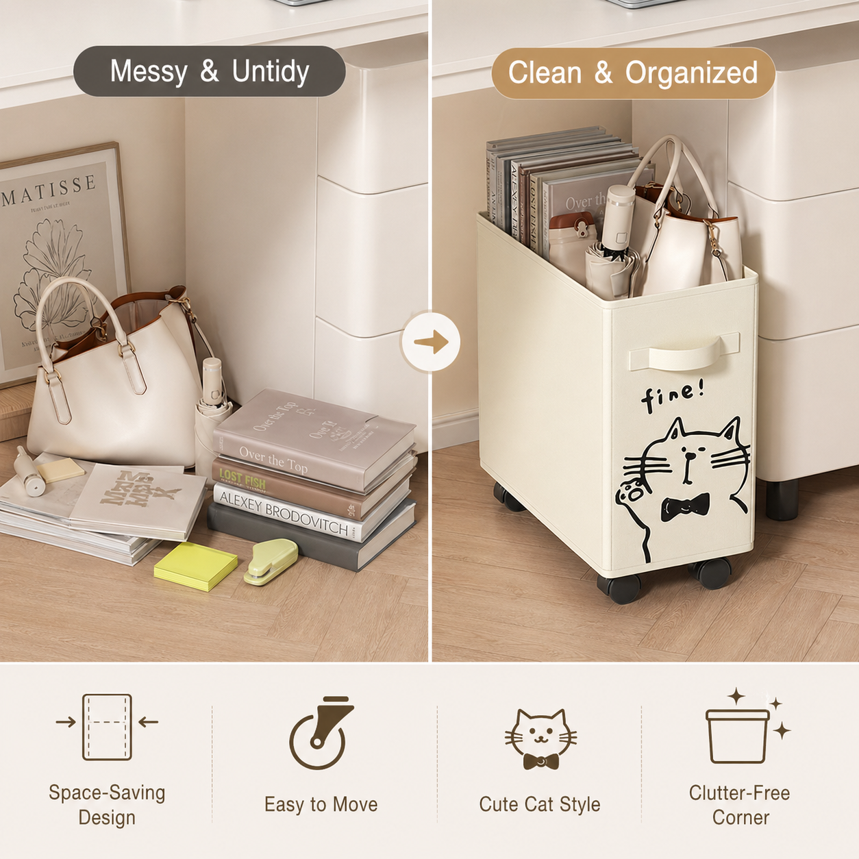 2-Pack Slim Rolling Storage Bins for Narrow Spaces, Cat Print