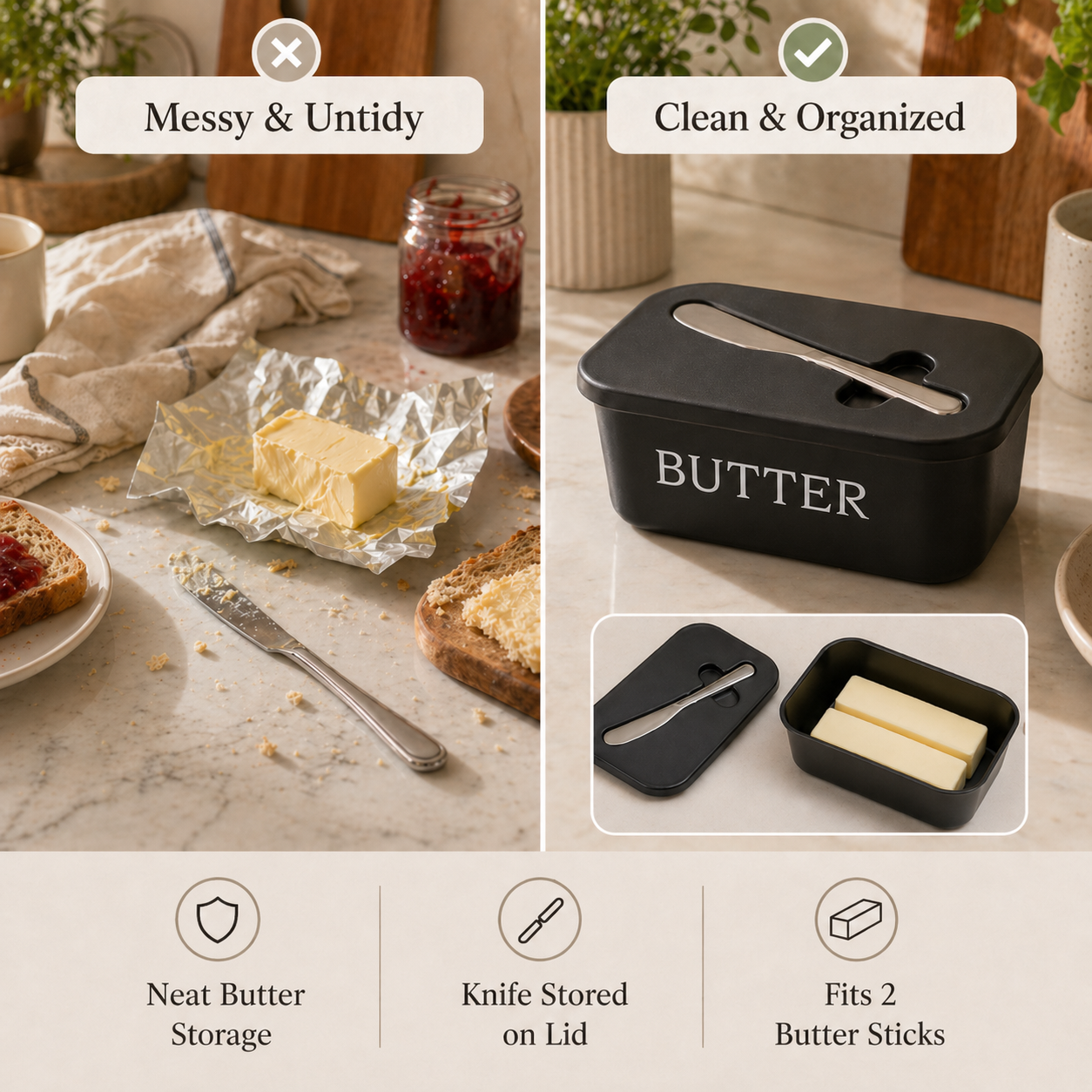 Butter Dish with Lid & Spreader Set – Built-In Knife Slot, Easy to Clean, Dishwasher Safe