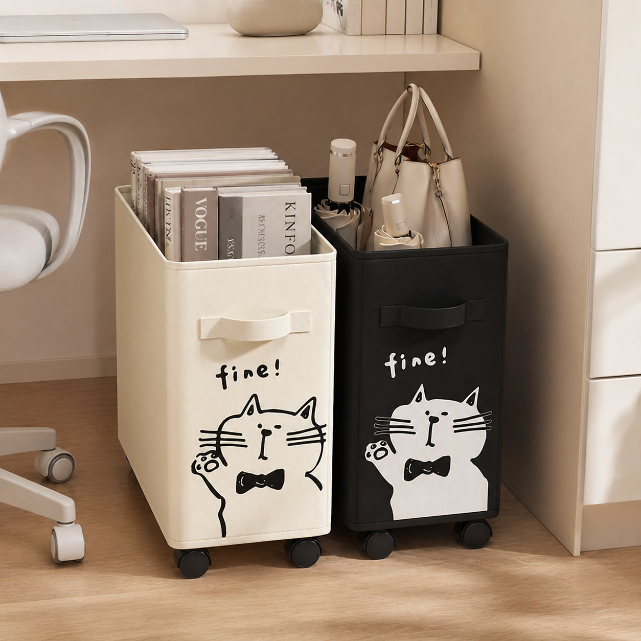 2-Pack Slim Rolling Storage Bins for Narrow Spaces, Cat Print