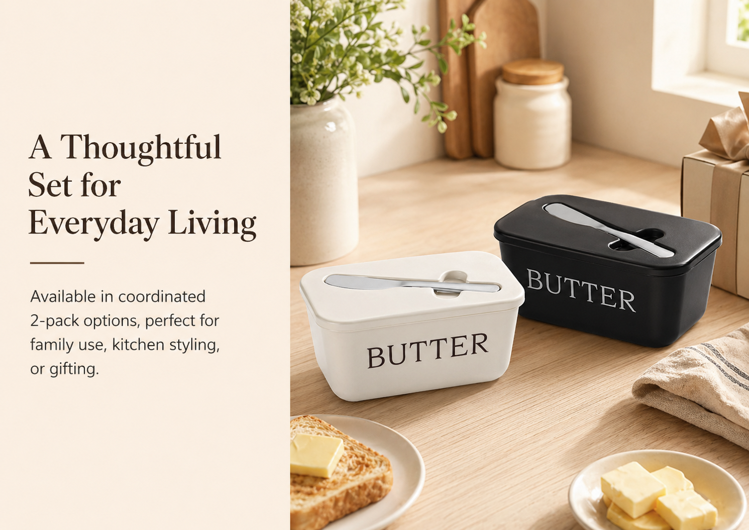 Butter Dish with Lid & Spreader Set – Built-In Knife Slot, Easy to Clean, Dishwasher Safe