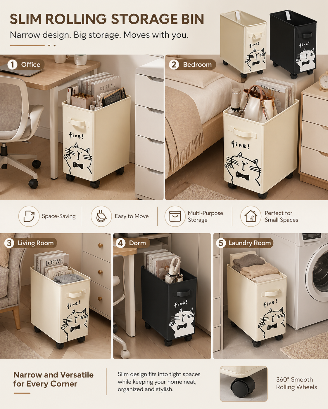 2-Pack Slim Rolling Storage Bins for Narrow Spaces, Cat Print
