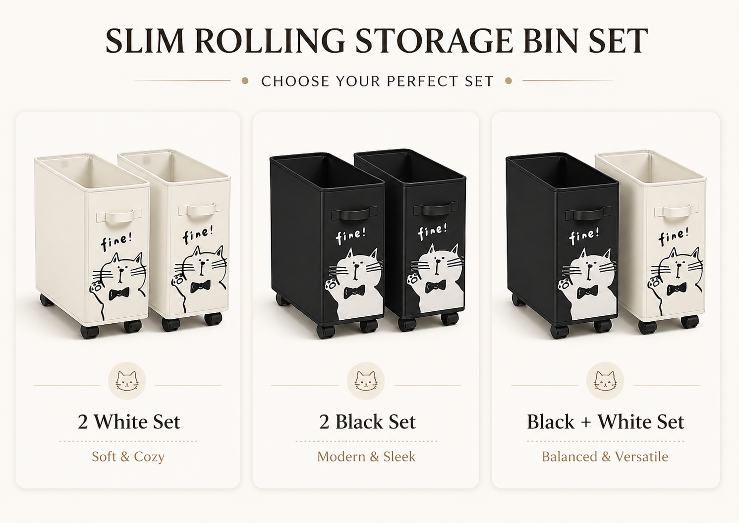 2-Pack Slim Rolling Storage Bins for Narrow Spaces, Cat Print